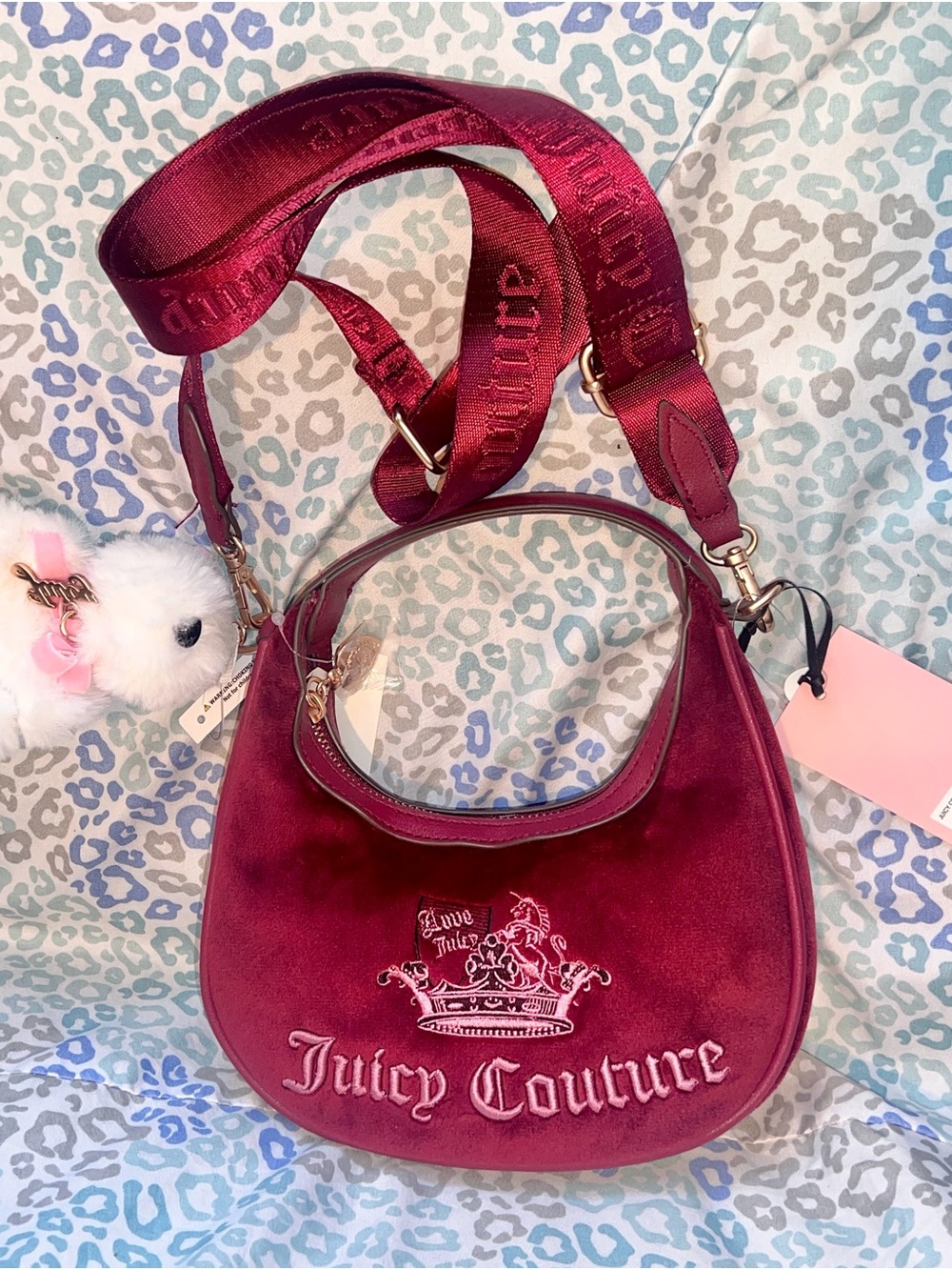 New Red Maroon Juicy Couture Purse Satchel Bag Handbag Crown Crossbody Velour